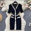 Party Dresses Women Chic Short Sleeve V Neck Sexy Slim Bodycon Dress Vintage French Fashion Knit Tight Vestido Elegant Sweater Robe