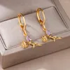 Pendant Necklaces Romantic Gold Color Rose Earring Necklace For Women Stainless Steel Chain Water Droplet Zircon Set Jewelry Gift