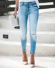 Jeans da donna Donna Casual Slim Strappato Fori per il ginocchio Nappe effetto consumato Sbiancato Vita media Alta vestibilità elastica Pantaloni femminili Qualità