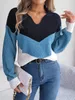 Patchwork Color Lantern långärmad stickad tröja Kvinnor Casual Pullovers Autumn Winter 240105