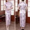 Ethnic Clothing Elegant Printed Dress Women Cheongsam Faux Satin Long Chinese Style Stand Collar Short Sleeve Qipao Flower