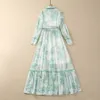 European and American women's clothes 2024 spring new Long sleeve lapel belt green print Fashion pleated dress XXL