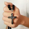 COLLANA DI PERLINE DI ROSARIO IN PIETRA NERA CORNIOLA 14K Oro bianco CROCE CROCIFISSO GIOIELLI MASCHILI CATTOLICI