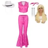 Movie Princess Costume For Adult Kids Women Men Girls Cosplay Pink Doll Dresses Halloween Plaid Birthday Clothes 240104