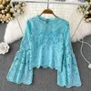 Women's Blouses Autumn Vintage Women Green/Red/Blue Hollow Out Lace Party Blouse Female Elegant Round Neck Flare Long Sleeve Short Tops