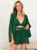 Kadınların pijama linad yeşil pijamaları kadınlar için 3 parçalı setler gevşek uzun kollu kadın spagetti kayış sütyen şortlu gündelik takım elbise