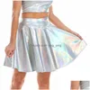 Jupes Été Sexy Laser taille haute Mini jupe en cuir Pu Club fête danse brillant holographique Harajuku Jk métallique plissé 220317 Dro Dhtno