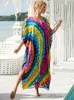 Damen-Badebekleidung, 2024, Maxikleid, bunter Druck, Strand-Vertuschung, Winter, lockerer V-Ausschnitt, langer Sarong, Kaftan, Pareos, Robe Plage, Strandmode, Tuniken