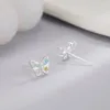 Pendientes de tuerca de Plata de Ley 925 con diamantes de colores y mariposa para mujer, aretes de lujo con forma de corazón para niña dulce, regalos de joyería