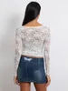 Mulheres Camisetas Mulheres Crop T-shirt Manga Longa Pescoço Quadrado See-through Lace Tops Slim Sheer Clubwear