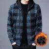 Men Sweater Jacket Fashion Winter Coat Fleece Hoodies High Quality Luxury Checkered Hooded Knit Cardigan Male Outer Wear 231229