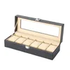 6 Slot PU Leather Watch Box Display Case Jewelry Organizer with Glass Top 240104