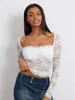 Mulheres Camisetas Mulheres Crop T-shirt Manga Longa Pescoço Quadrado See-through Lace Tops Slim Sheer Clubwear