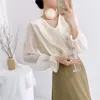 Women's Blouses French Sweet White Chiffon Shirts For Women Unique V-Neck Straight See Through Long Sleeve Blouse Female Tops 2024