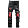 2023 Högkvalitativa män Casual Black Jeans Paint Slim Straight Hole Biker Autumn Jean Homme Male Denim Pants 240104