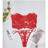 BRAS SETS CHUANGERM Fashion Lingerie Set Woman 2 Pieces Sexig underkläder Uncensored Transparent Bilizna Floral Red Off Shoder Intimate DHC18