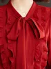 Kvinnors blusar oiinaa skjortor för kvinnor toppar röda chic båge ruffles casual elegant bekväm blus långärmad damer mode