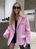 Pink Lapel Woolen Plush Coat Elegant Long Sleeve Button Office Lady Blazer Jacket 2023 Vintermodepaket Löst 240105