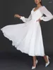 Casual Dresses Long Dress Women Wedding V Neck Sexy Full Sleeve High Waist Solid A Line Mid Length Simple Elegant Gown Vestidos