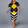 Robes de grande taille robe élégante imprimé géométrique soirée 2024 automne femmes Flare manches courtes jaune décontracté 3XL 4XL 5XL