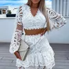 Work Dresses Lantern Sleeve Lace Top & Layered Ruffles Skirt Set Women Dress Sets Two Piece V Neck Hollow Sexy Wrap Buttocks Casual Slim Fit