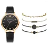 Montres-bracelets 5pcs / Set Mode Femmes Montres Bande de cuir de luxe Analogique Quartz Montre-bracelet Dames Montre Robe Horloge noire