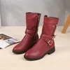 Stiefel Mittellange Stiefel mit dicken Absätzen für Damen Herbst und Winter, Gürtelschnallenverzierung, seitlicher Reißverschluss, niedrige, runde Zehenpartie, große Rittergröße, Damen 230830