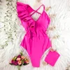 Ruffle Swimsuit Solid Red Black Swimwear Women Deep-V Bathing Suit Bodysuit Beach Wear Swim Suit Monokini 240104