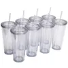 Couvercle plat 710 ml 24 oz gobelet en plastique transparent à double paroi avec paille avec couvercle vert noir tasses à café 240104