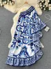 Piste d'été bleu et blanc porcelaine asymétrie longue Robe femmes Sexy hors de l'épaule volants ourlet Robe ample Maxi robes 240105