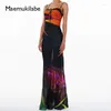 Robes décontractées Maemukilabe 90s Vintage Tie Dye Imprimer Maxi Robe Sexy Avant Tie-Up Sans Manches Spaghetti Sangle Longue Femmes Cocktail Robes