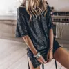 Casual Jurken Mode Pailletten Fonkelende Mini Jurk Vrouwen 2024 Zomer Nachtclub Netto Rood Losse T-shirt Met Korte Mouwen