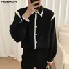 INCERUN Tops Koreanischen Stil Männer Schwarz Weiß Farbe Bluse Mode Gut Sitzende Spleißen Langarm Revers Tasten Shirts S-5XL 240104