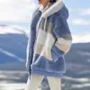 Manteau à capuche avec fermeture éclair pour femme, veste en cachemire épais épissé, couture, manteaux à carreaux, mode hiver 240104