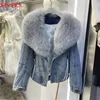 Winter Women Luxury Natural True Fox Fur Big Collar Goose Down Denim Down Jackets Short Warm Casual Jacket Coat 240105