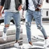 Ljusblå mager jeans män streetwear förstörda rippade homme hiphop trasiga modis manlig blyertscyklist ihålig jean byxor 240104