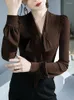 Women's Blouses Oiinaa V Neck Shirts Women Tops Tie Chiffon Blouse See Through Mesh Fabric Elegant Base Fashion Office Ladies Basic Skinny