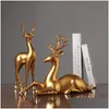 Decorative Objects Figurines Luxury Golden Elk Figurine Creative Resin Animal Statue Crafts Decor Living Room Bookcase Deer Wine R Dhnjt