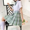 Kläderuppsättningar Plaid Girl Sailor Uniforms School Mini High Japanes Midja Sexig veckad kostym A-Line