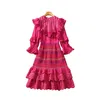 2024 Spring Hot Pink Solid Color Brodery Dress 3/4 Sleeve Round Neck Ruffled knälång Casual Dresses S3D121214