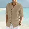 Printemps et automne plage hommes décontracté coton chemise en lin col montant solide à manches longues haut ample belle chemise de mode US S-3XL 240104