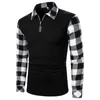 Camisa masculina com lapela e zíper, camisa de manga comprida, pulôver de negócios, trabalho formal, xadrez, camisetas casuais para homens, ajuste regular 240105