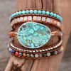 Bangle Natural Stone Armband Pink Quartz Leather Wrap Armband For Women Rose Gems Crystal Beads Böhmen smycken 5 Strand