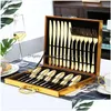 Dinnerware Sets Stainless Steel Dinnerware Sets Wooden Steak Cutlery Gift Box Household Western Food 24 Pcs Gold Tableware 7 Colors Dr Dhrlb