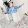 Girl Dresses Girls Lace Bows Tie Floral Embroidery Lapel Falbala Sleeve Denim Shirt Tulle 2pcs Sets 2024 Kids Princess Outfits