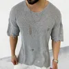 Męska pusta seksowna dołka T-shirt dzianina swobodny luźne z krótkim rękawem O-Neck Top Knitte T-shirt męskie ubranie uliczne 240105