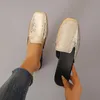 Zapatillas Mujer Verano Sandalias De Cuero Brillantes Color Sólido Punta Cuadrada Parte Inferior Plana Mules Modernas Moda Casual Cómodos Zapatos De Oficina para Mujer