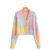 Women Puff Long Sleeve Sweater Cardigan Twist Cable Knitted V-Neck Knitwear Coat Button Down Gradient Rainbow Jacket 240104