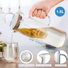 1.5L Glass Water Pitcher With Handle Bamboo Lid Heat Resisttant Cold Kettle Large-capacity Tea Pitcher Water Juice Jug 240105
