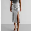 Skirts Temperament Silver Leather Split Mid Length Straight Skirt 2024 Autumn Fashion Women'S Clothing